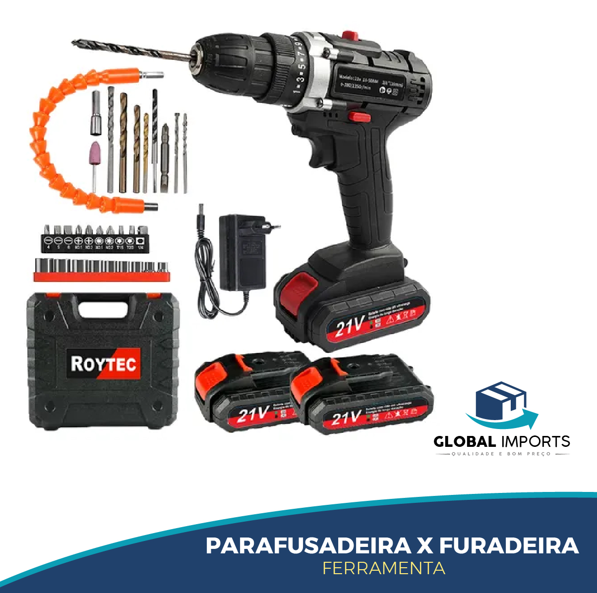 Parafusadeira e Furadeira Elétrica Sem Fio 21v 220/110v – 2 Baterias